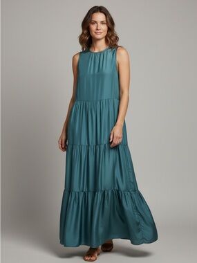 Eileen Fisher Teal Sleeveless Tiered Maxi Dress
